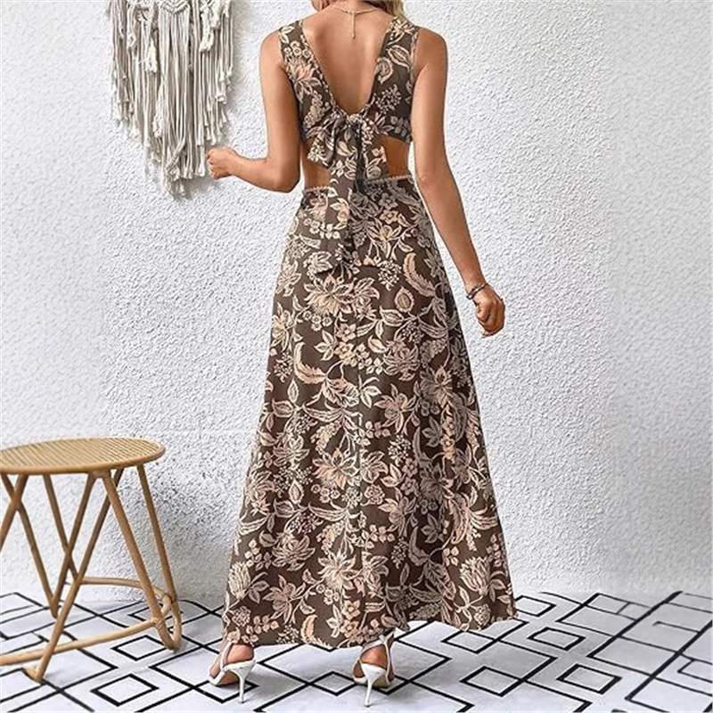 Women's Handmade Printed Waist-controlled Strap Vest Long Dress