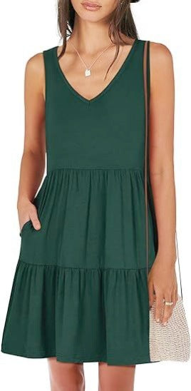 Casual V-neck Layered Pleated Sleeveless Vest Dress
