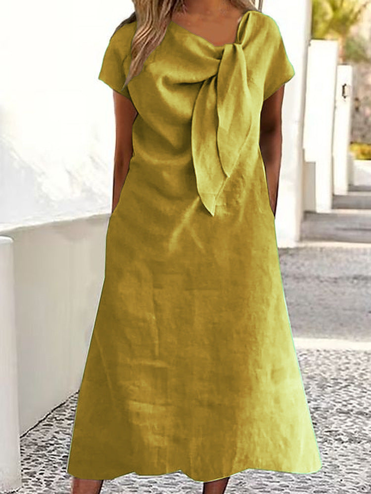 Women's Round Neck Short Sleeve Pocket Cotton And Linen Dress