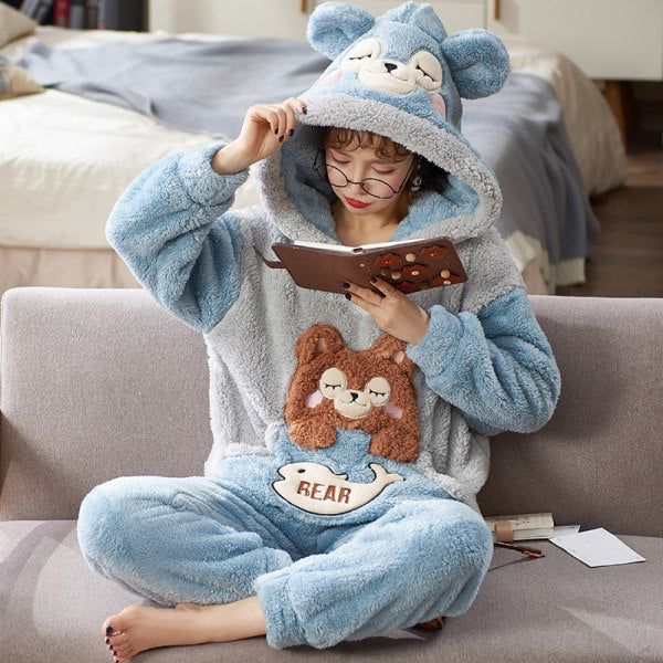 Pajamas Women Winter Plush Coral Fleece Korean Style Long Sleeves