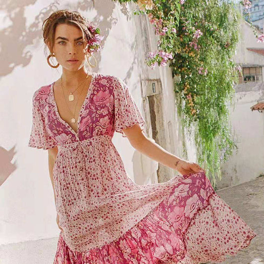 Women's Bohemian Vacation Digital Floral Print Swing Dress