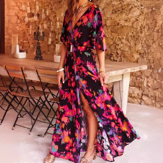 European And American Printing Temperament Short Sleeve Dress