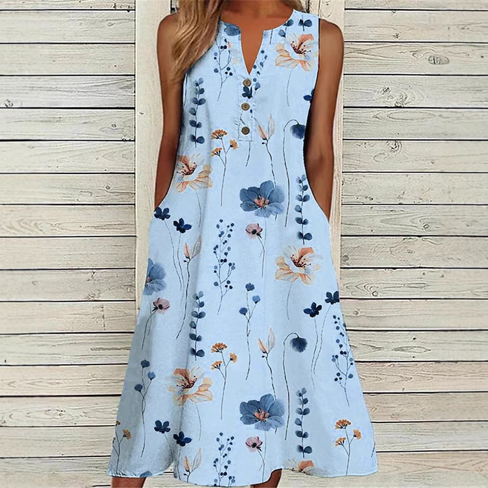 Summer V-neck Casual Printed Long A- Line Skirt