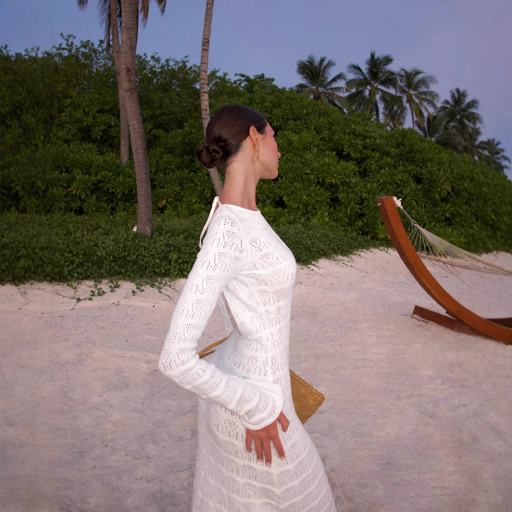 Round Neck Knitted Long Flared Sleeves Dress