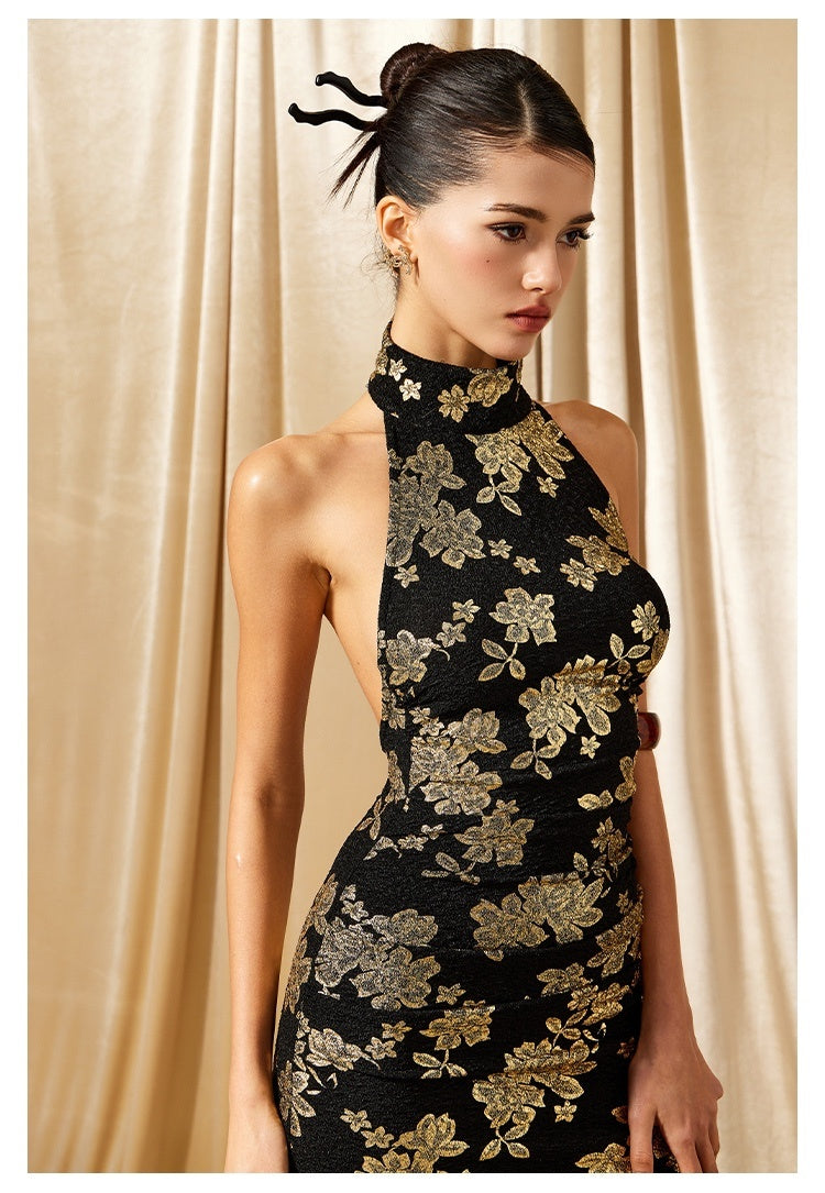 New Chinese Cheongsam Gilded Evening Gown Halter Dress