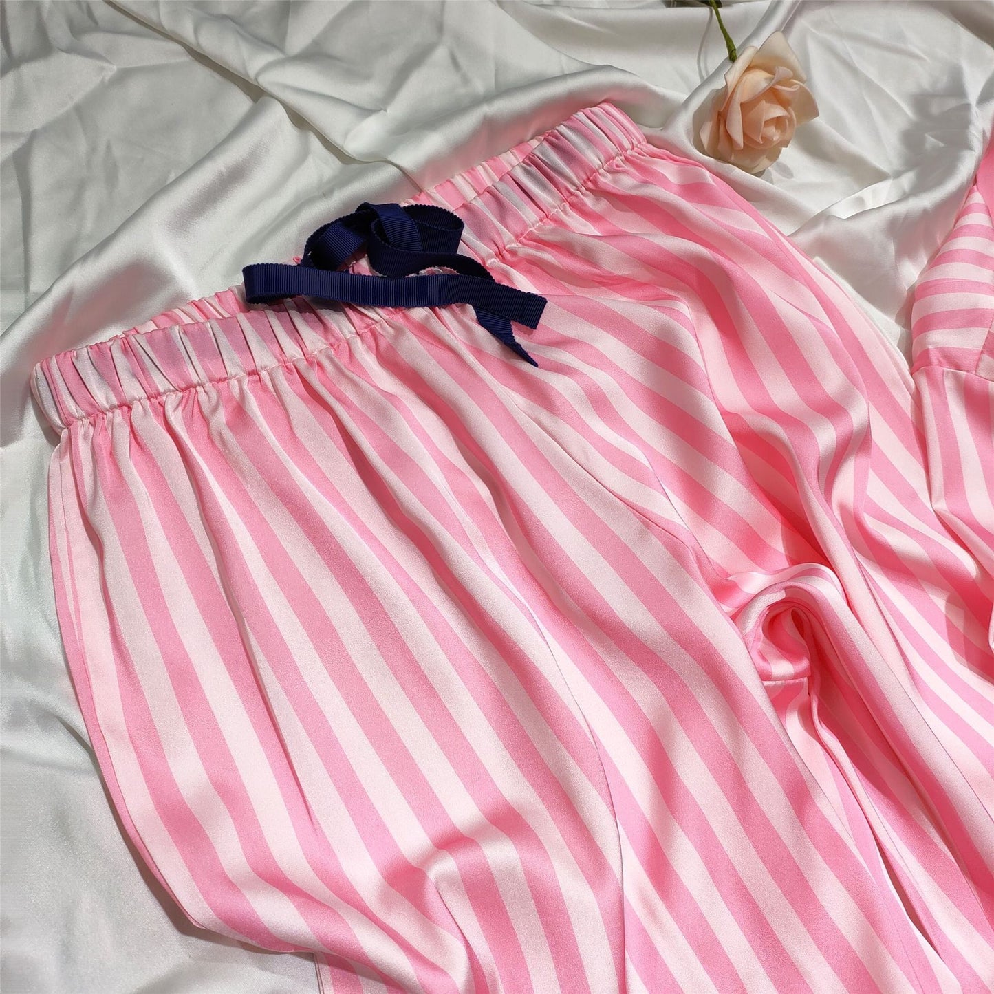 Striped Pajamas Women Autumn And Winter Sexy Pajamas Set Satin Home Silk Cardigan Long Sleeves