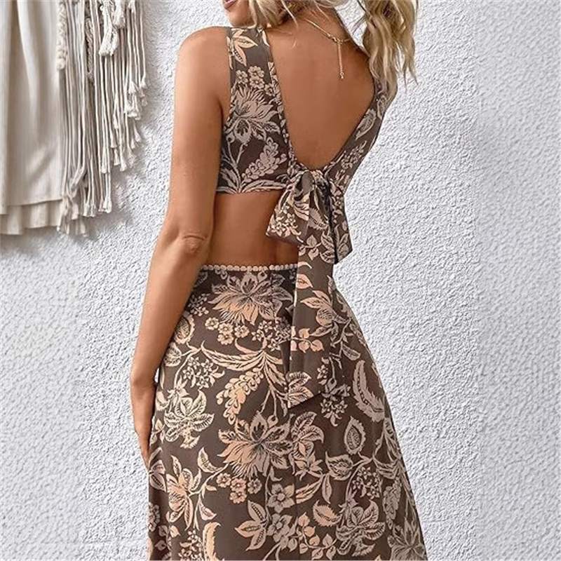 Women's Handmade Printed Waist-controlled Strap Vest Long Dress