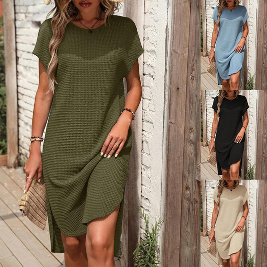 New Solid Color Casual Loose Waffle Dress Women