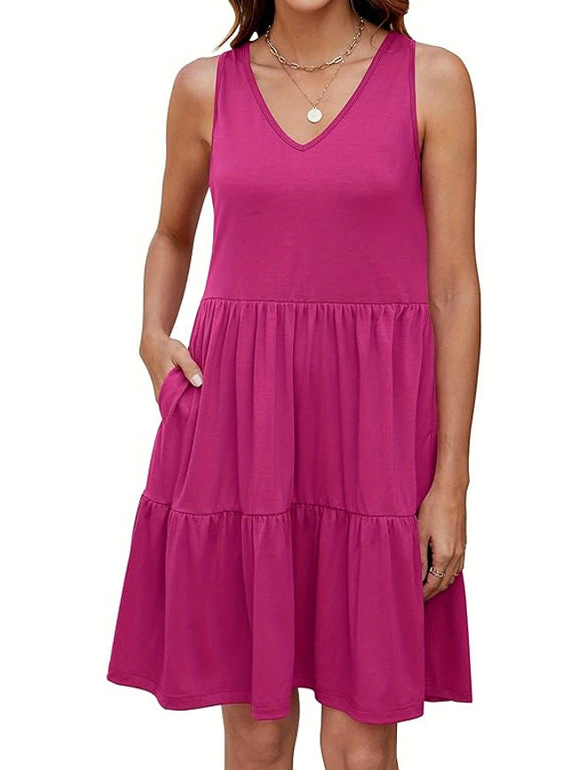 Casual V-neck Layered Pleated Sleeveless Vest Dress